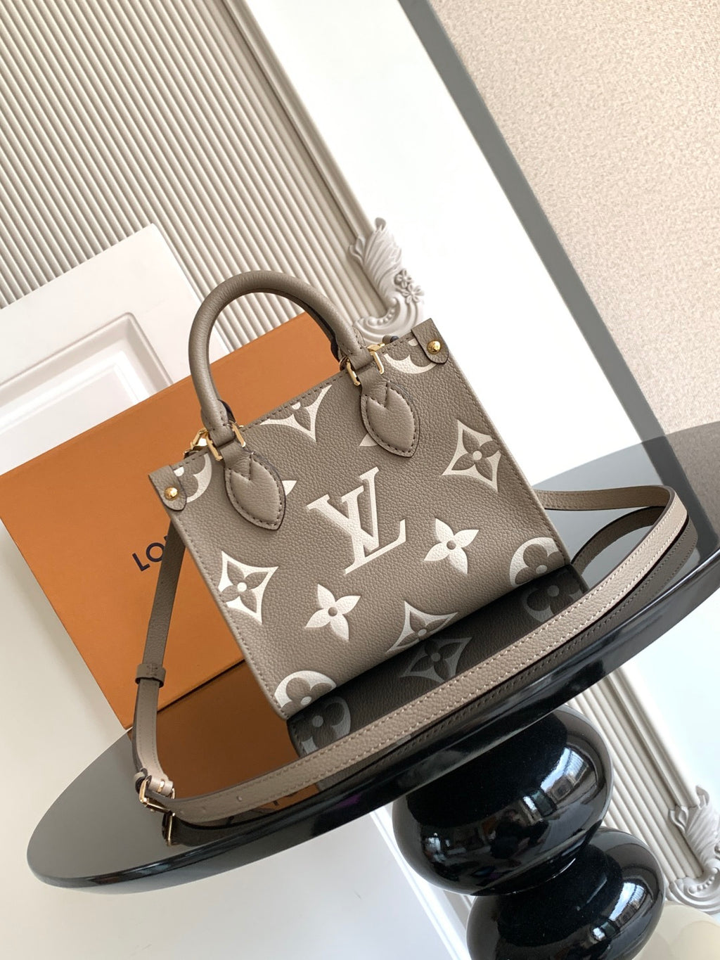 Louis Vuitton monogram handbag, taupe canvas with leather trim and crossbody strap