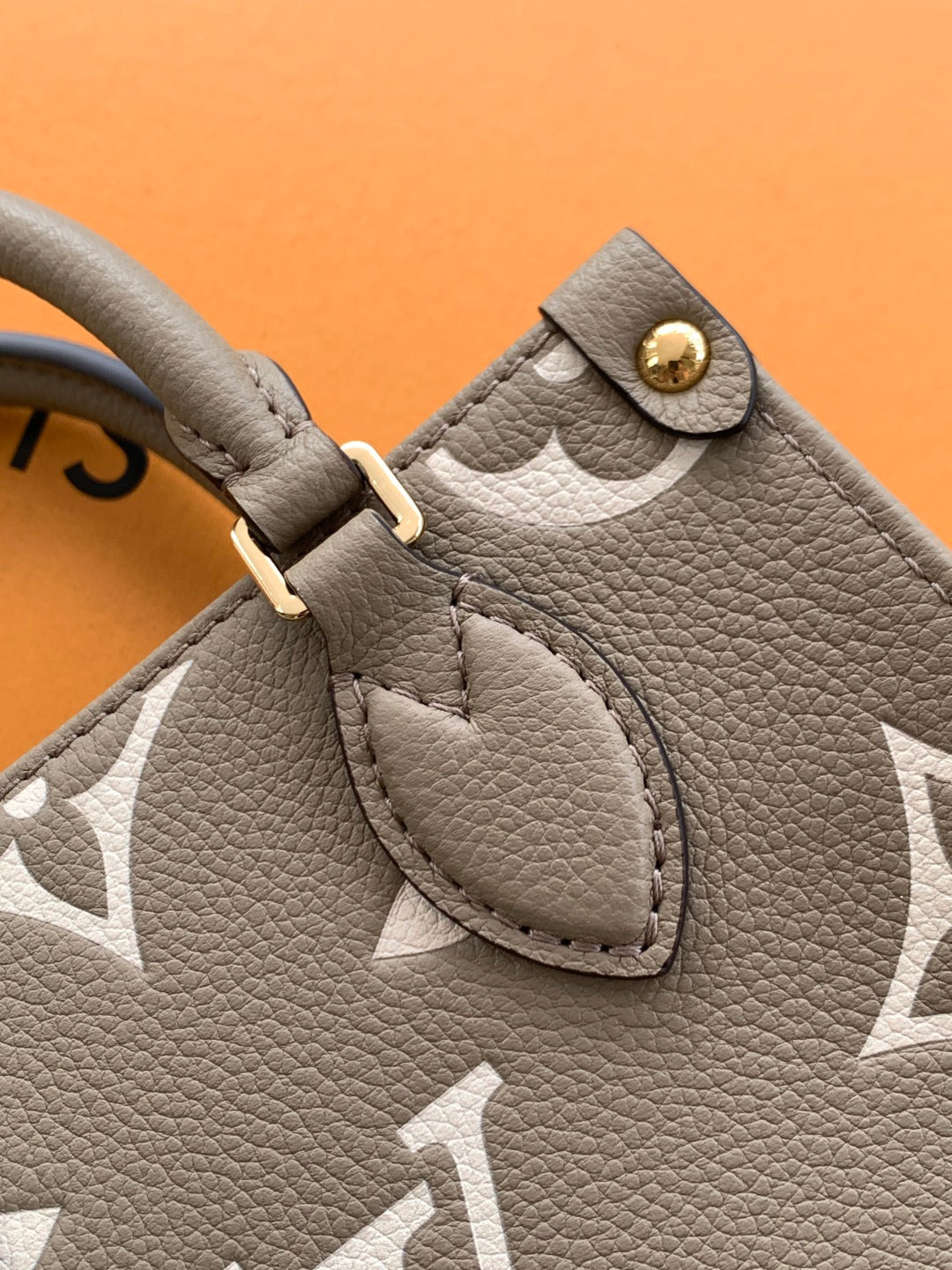 Close-up of Louis Vuitton taupe leather pocket with snap button and textured grain