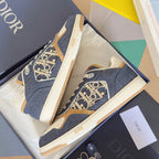 Unisex sneakers in blue denim with monogram side panel, tan accents, white sole