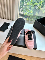 Prada lace-up sneakers for women, pink suede upper with black tread sole detail
