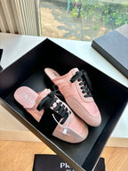 Prada lace-up sneakers for women, pink suede with black laces, two shoes in box