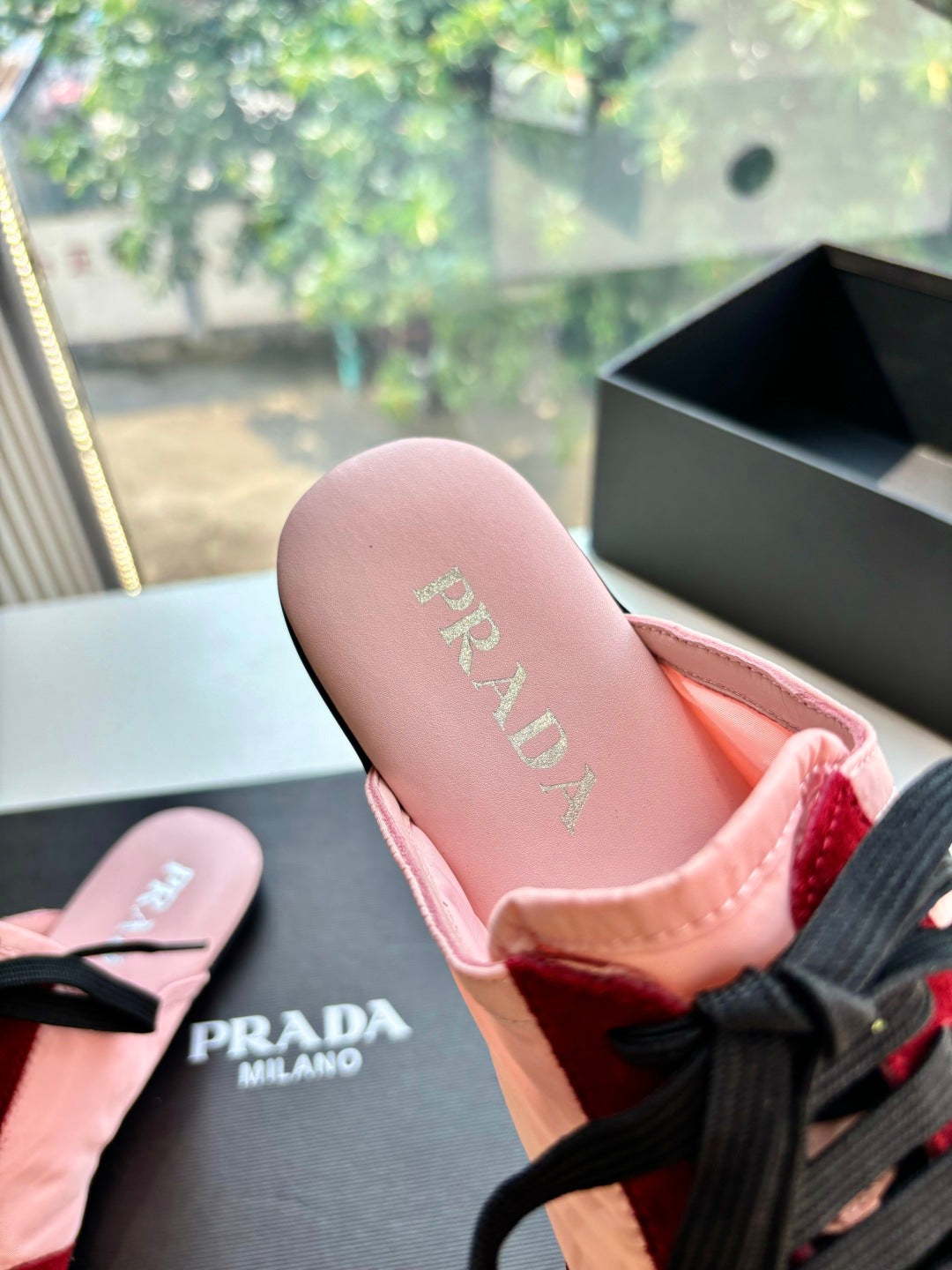 Prada women's sneaker heel, blush insole with PRADA MILANO logo