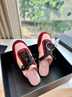 Prada women's sneakers, burgundy trim and blush pink uppers with black laces