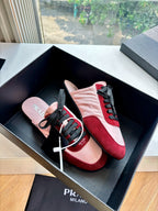 Prada women's sneakers in box, blush pink leather with burgundy suede and black laces
