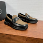 Prada unisex loafers, black leather with tan knit band and chunky rubber sole