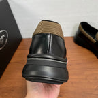 Prada unisex loafers heel view, black leather with tan knit collar and rubber sole
