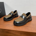 Prada unisex loafers with black leather and tan knit slip-on upper