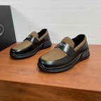 Prada unisex loafers with black leather and tan knit slip-on upper