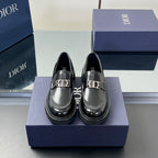 Black leather unisex loafer with Dior buckle and polished cap toe