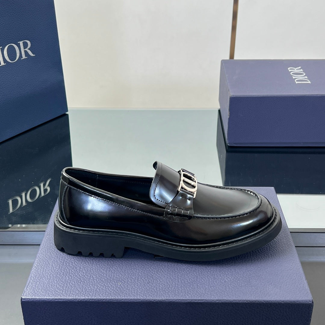 Black leather unisex loafer with Dior buckle strap and thick platform sole