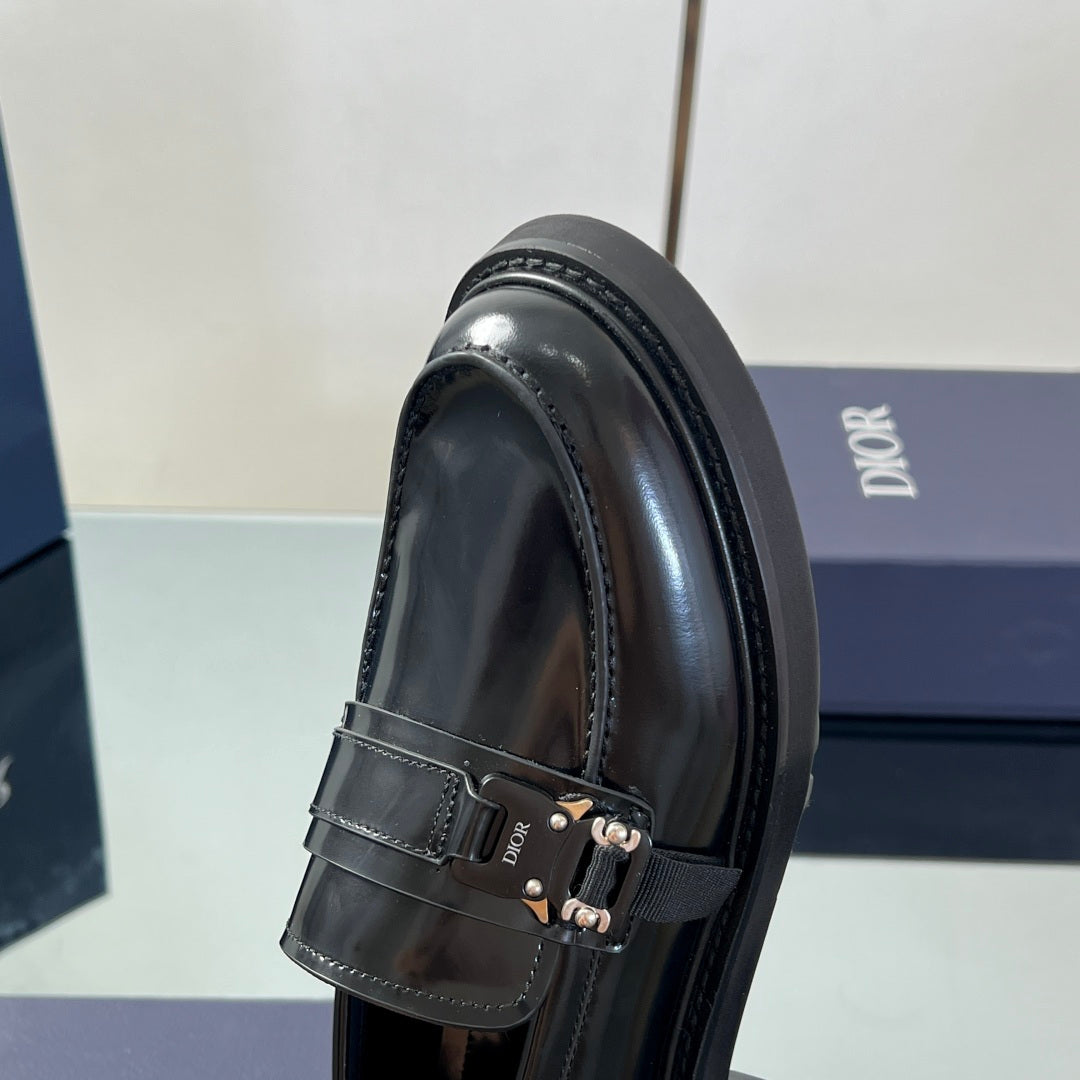 Dior unisex black leather loafers, side view with buckle strap