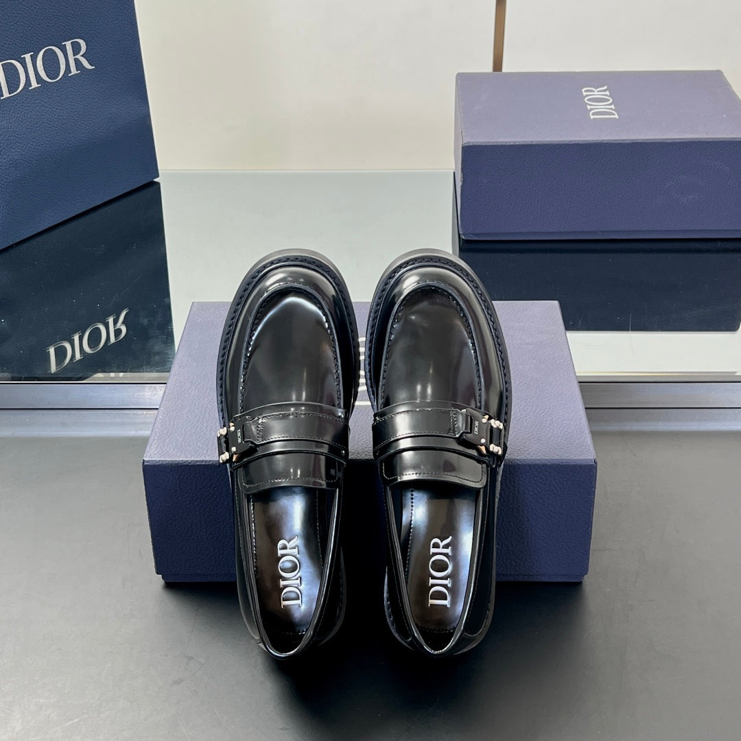 Dior unisex leather loafers with double-buckle strap, dark color