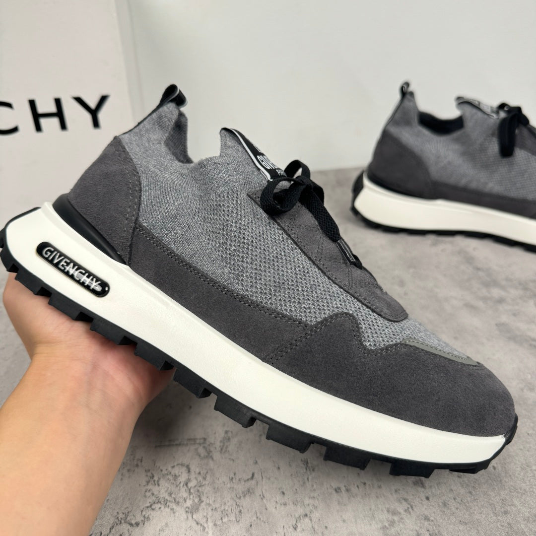 Givenchy sneakers, dark gray knit with black stripe panels, black laces, white sole