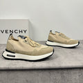 Givenchy luxury shoes, tan lace-up sneakers with black sole, side-by-side view