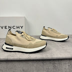 Givenchy luxury shoes, tan lace-up sneakers with black sole, side-by-side view