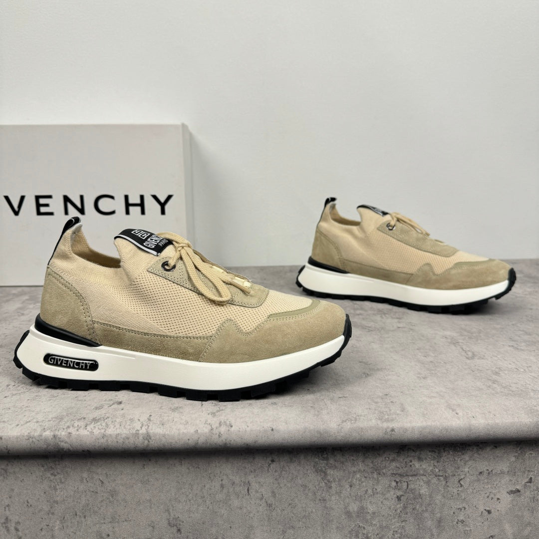 Givenchy luxury shoes, tan lace-up sneakers with black sole, side-by-side view