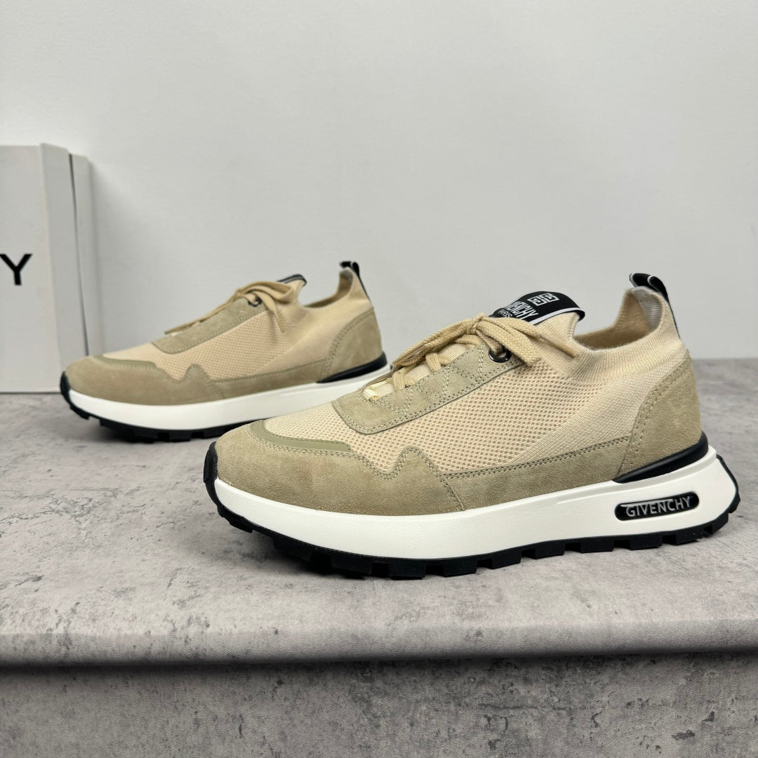 Givenchy luxury shoes, tan lace-up sneakers with textured uppers and black sole trim