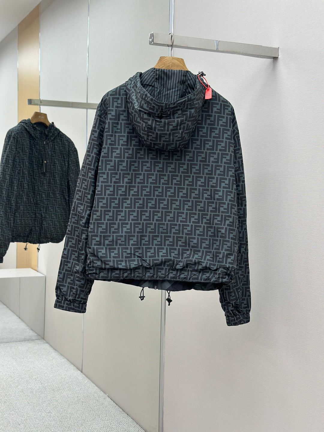 Hooded jacket with all-over Fendi FF pattern; rear view with elastic cuffs