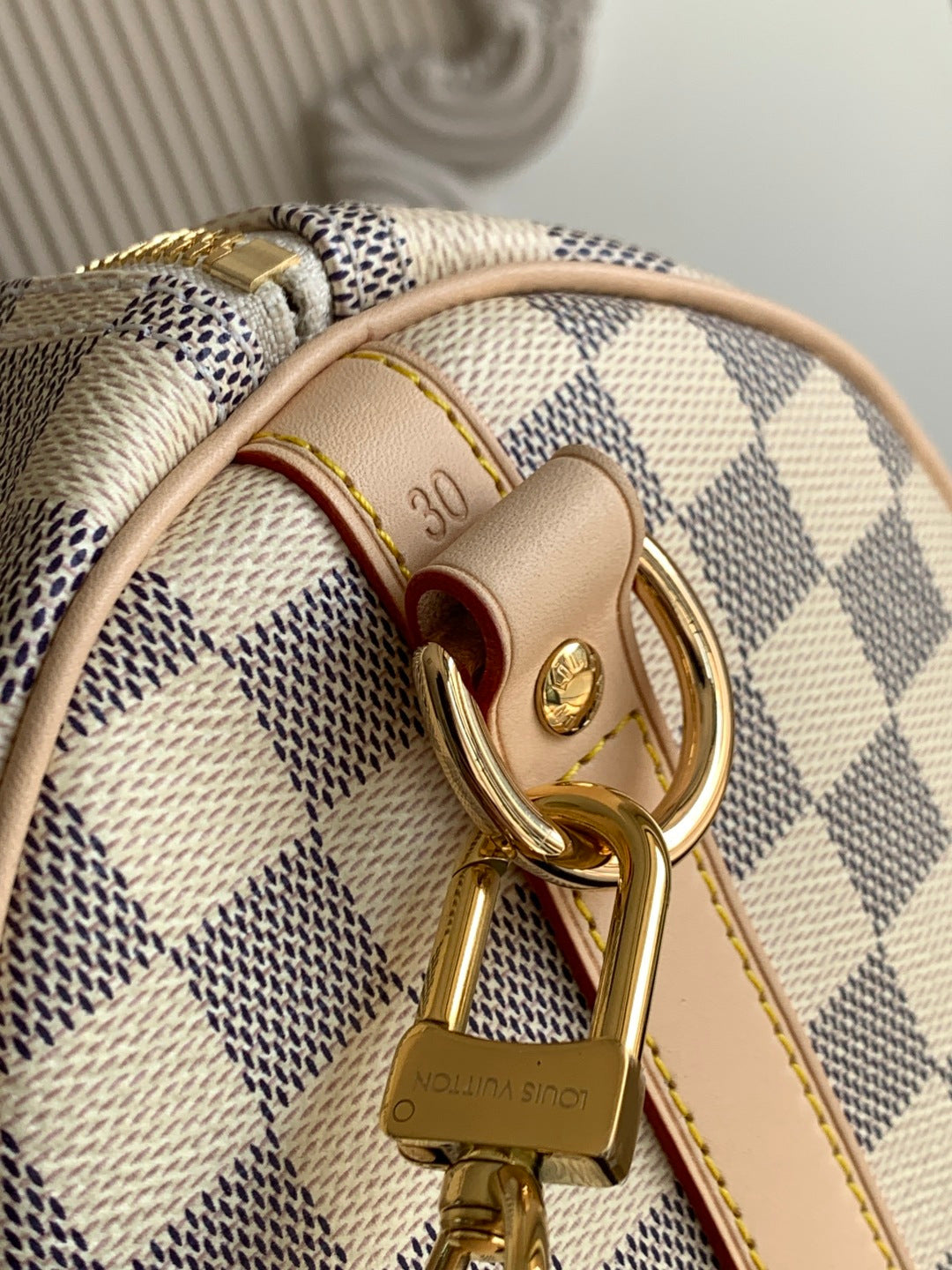 Louis Vuitton checkerboard bag close-up with gold clasp and tan leather trim