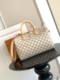 Louis Vuitton checkerboard tote bag with top handles and tan leather trim