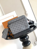 Louis Vuitton monogram crossbody bag, gray with black shoulder strap and logo print.