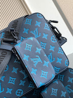 Louis Vuitton blue monogram bag side view with adjustable crossbody strap