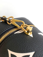 Louis Vuitton monogram bag close-up: gold clasp and zipper hardware on black leather