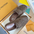 Louis Vuitton monogram sandals, taupe suede with open toe and buckle strap