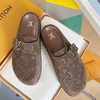 Louis Vuitton monogram sandals, taupe slip-on with adjustable buckle strap