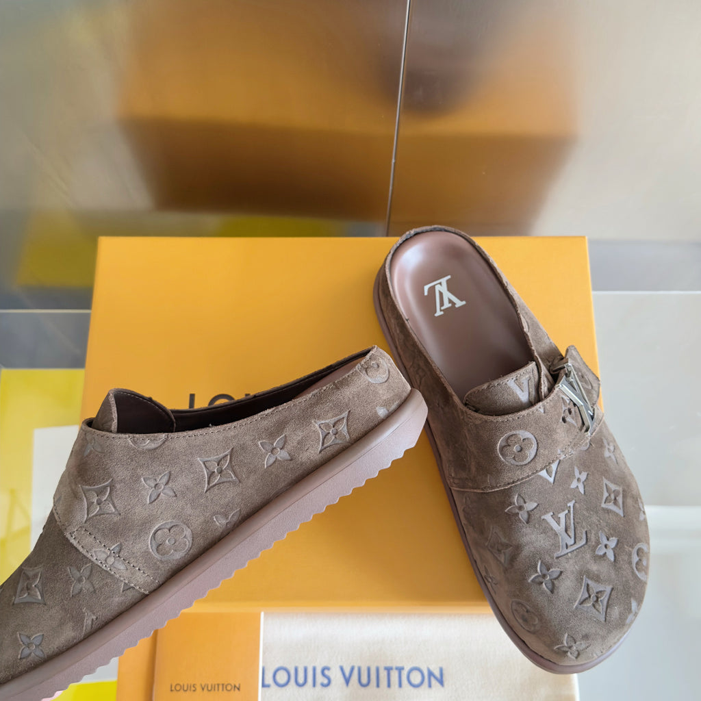 Louis Vuitton monogram sandals, taupe suede with cushioned sole and buckle strap