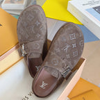 Louis Vuitton monogram slide sandals, taupe with ankle strap and buckle