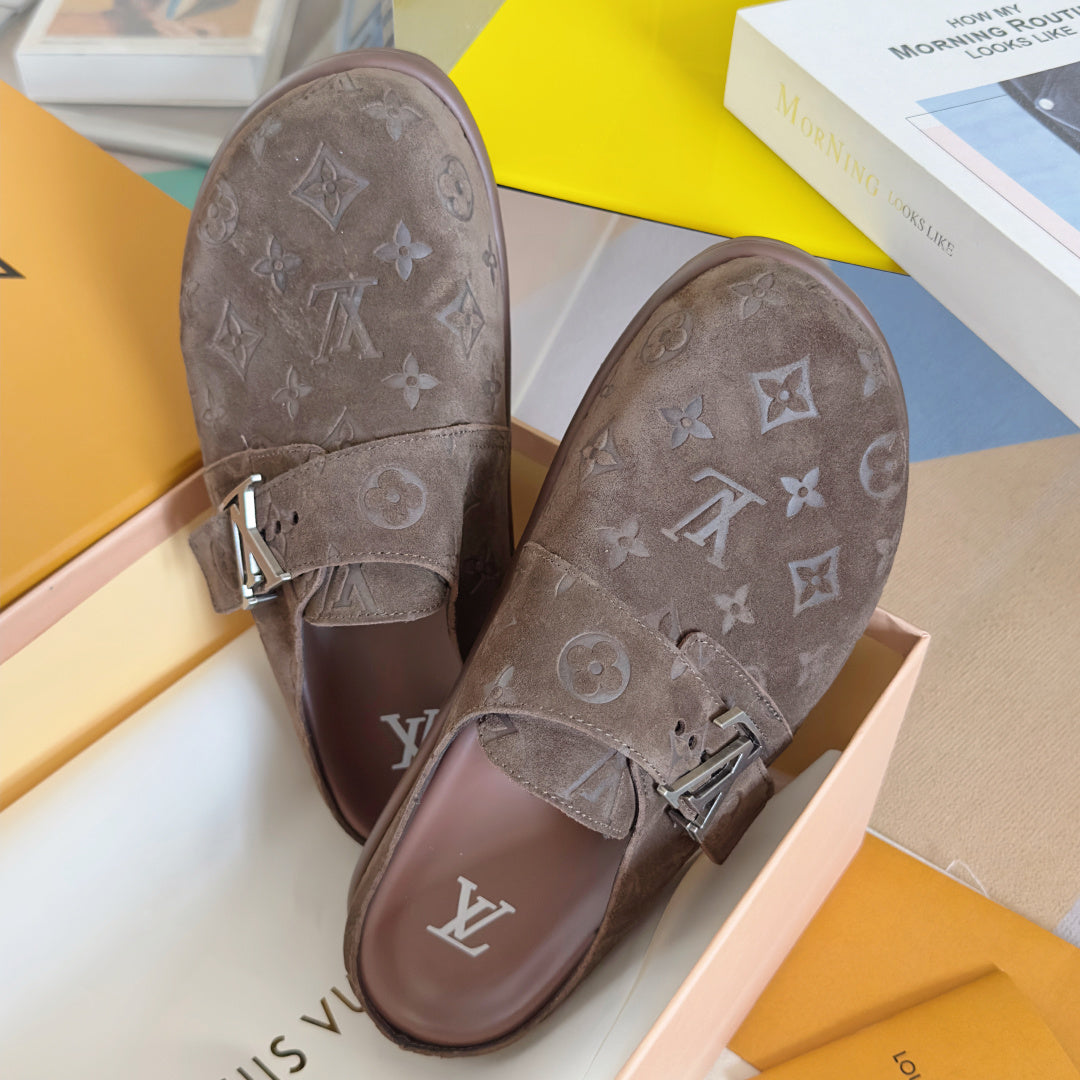 Louis Vuitton monogram slide sandals, taupe with ankle strap and buckle
