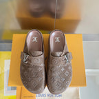Louis Vuitton monogram sandals pair on box, taupe slip-on with buckle