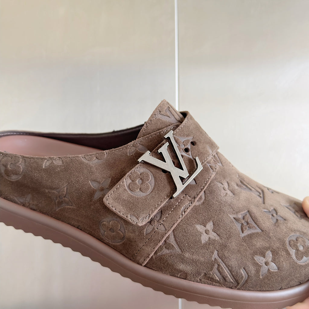 Louis Vuitton monogram slide sandal, taupe suede with metal buckle strap