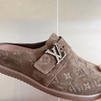 Louis Vuitton monogram slide sandal, taupe suede with metal buckle strap