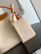 Louis Vuitton monogram shoulder bag with wide strap and top handle, beige canvas