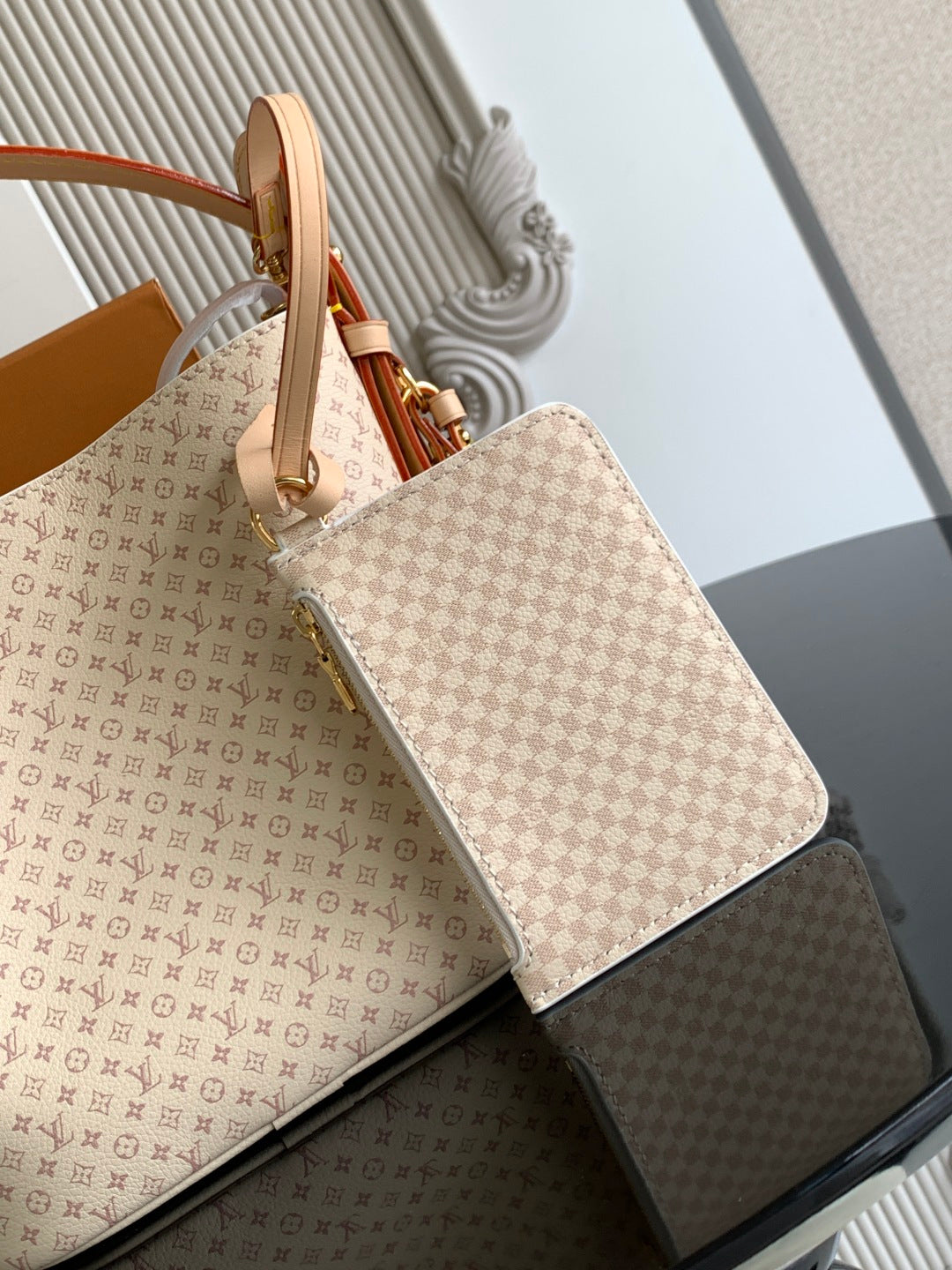 Louis Vuitton monogram shoulder bag with wide strap and top handle, beige canvas