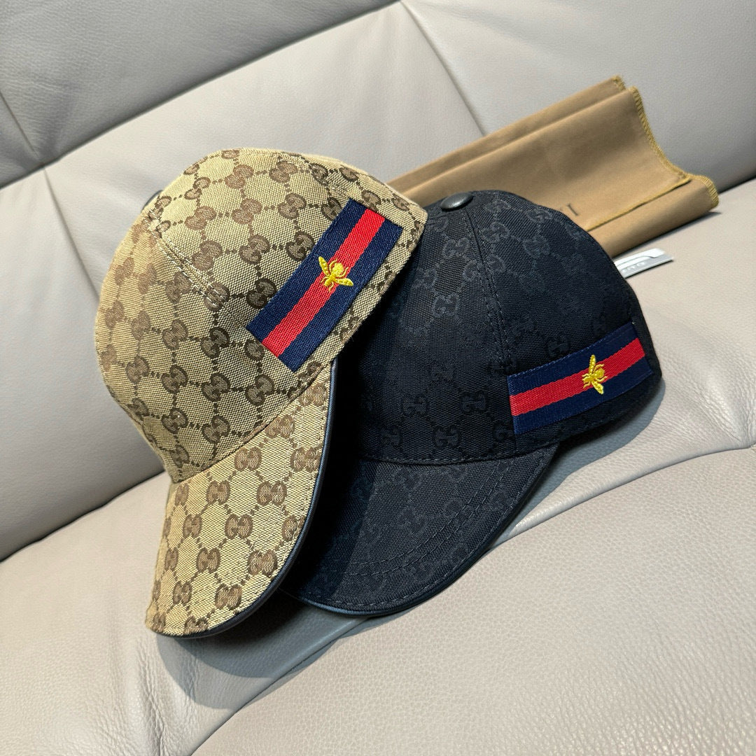 Gucci cap with two-tone design: brown GG panel and black body with stripe patches