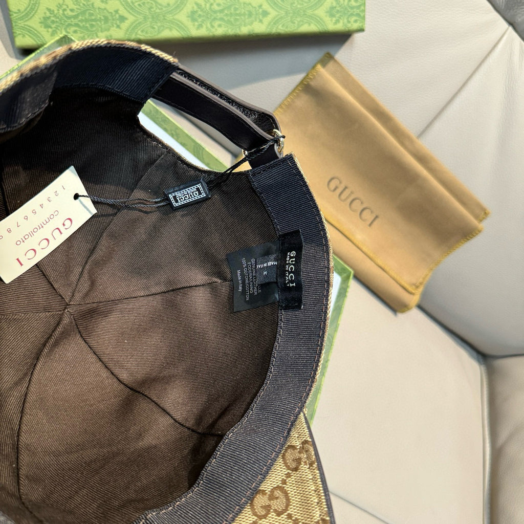 Gucci cap interior view showing inner lining, stitching, and attached size label