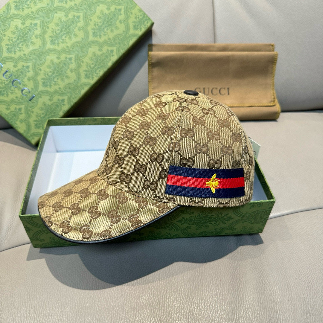Gucci cap in brown GG canvas with front stripe patch in blue, red, and yellow