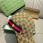 Gucci cap side view with brown GG pattern and blue-red stripe patch with emblem