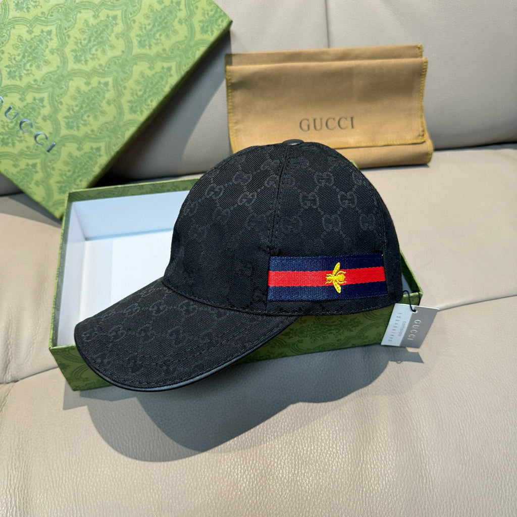 Gucci baseball cap, dark GG jacquard with blue-red web stripe and bee patch