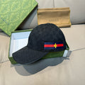 Gucci baseball cap, dark GG jacquard with blue-red web stripe and bee patch