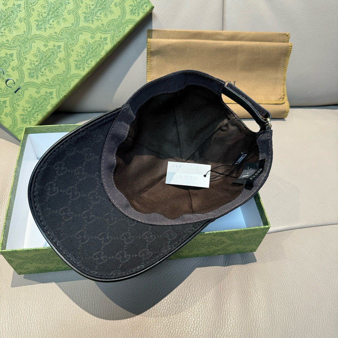 Gucci baseball cap interior view, dark GG jacquard with adjustable strap and lining