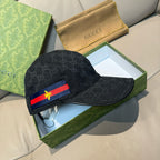 Gucci baseball cap, dark GG jacquard with blue-red web stripe and bee front panel
