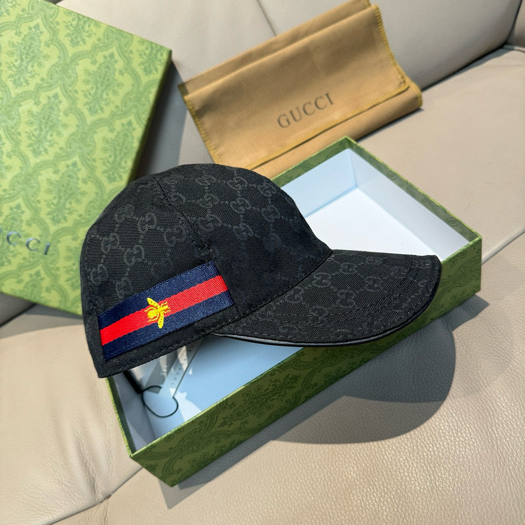 Gucci baseball cap, dark GG jacquard with blue-red web stripe and bee front panel