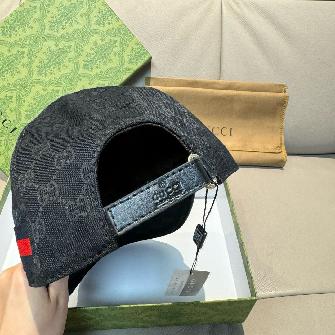 Gucci baseball cap side panel, dark GG jacquard with Gucci web strap at brim