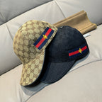 Gucci baseball caps duo, tan and dark GG jacquard with red-blue web bee patches
