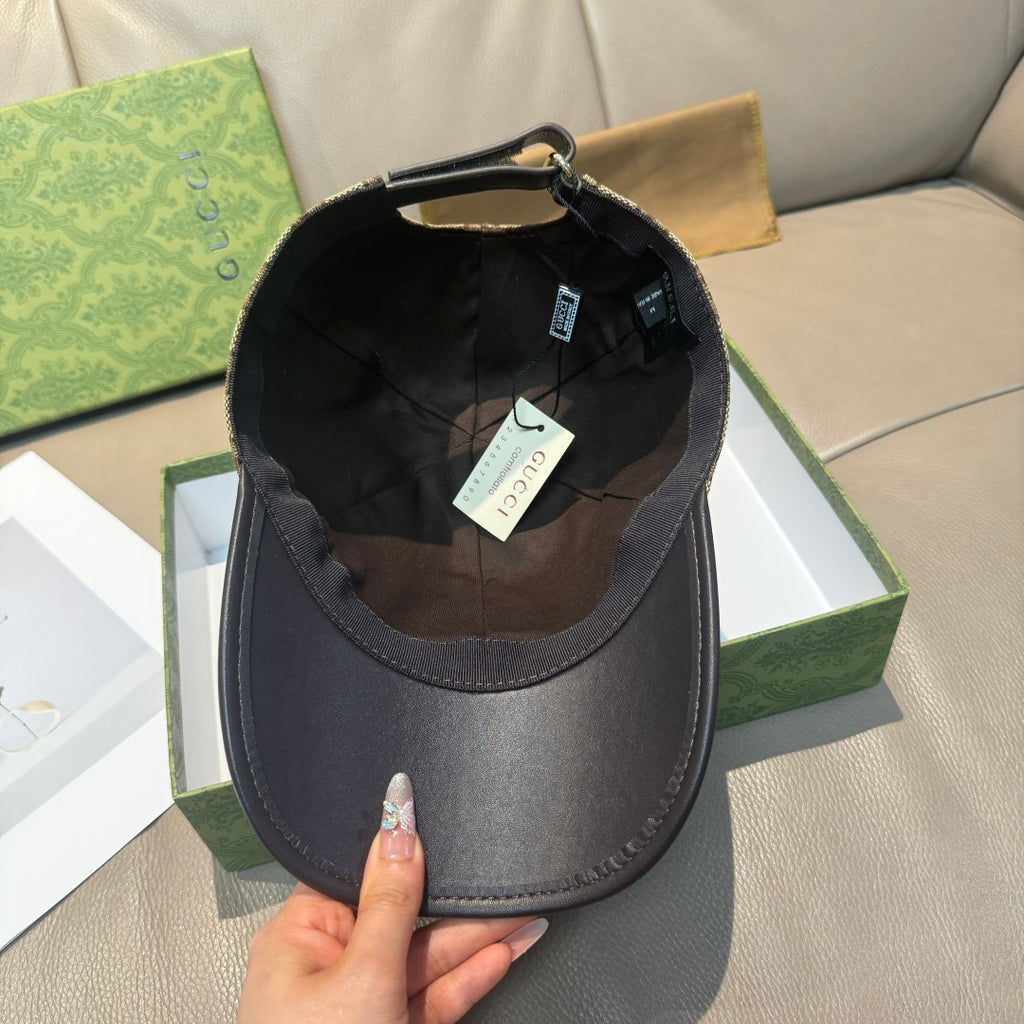 Black Gucci cap with interior lining and stitched brim edge, seen from back