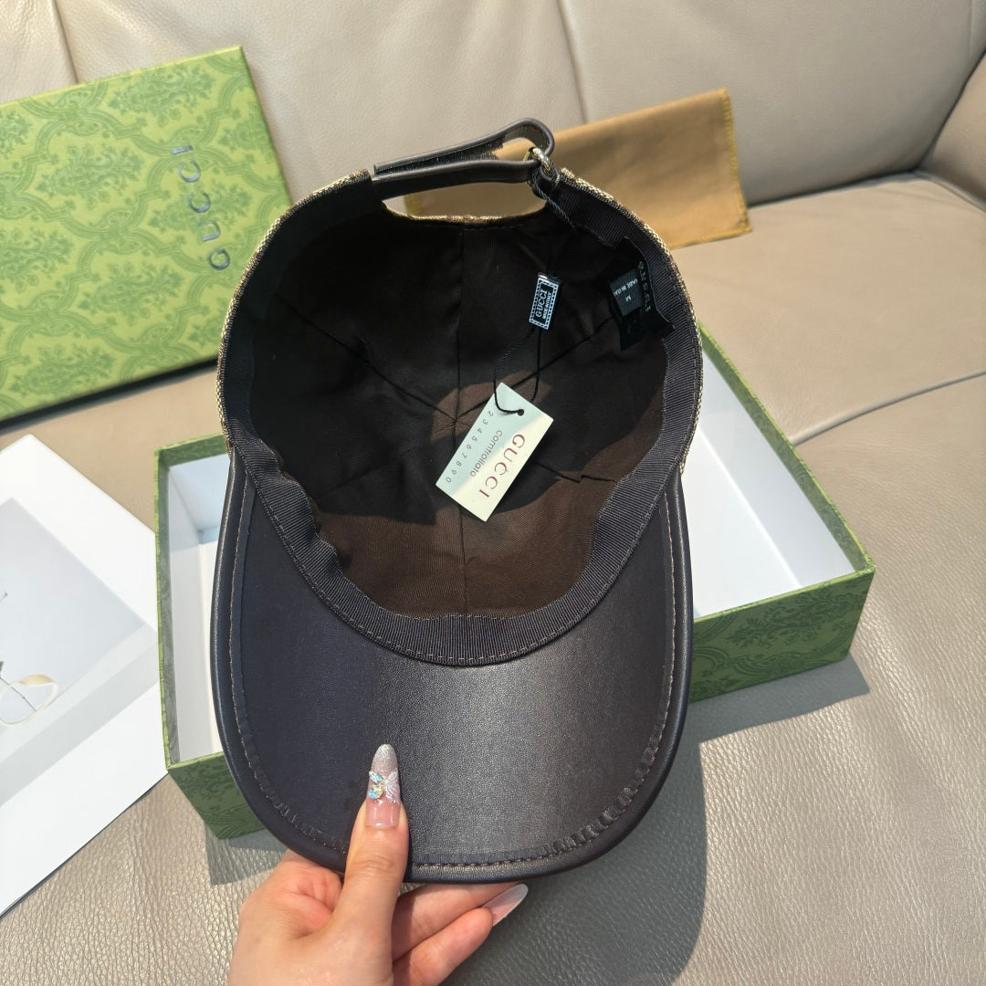 Black Gucci cap with interior lining and stitched brim edge, seen from back